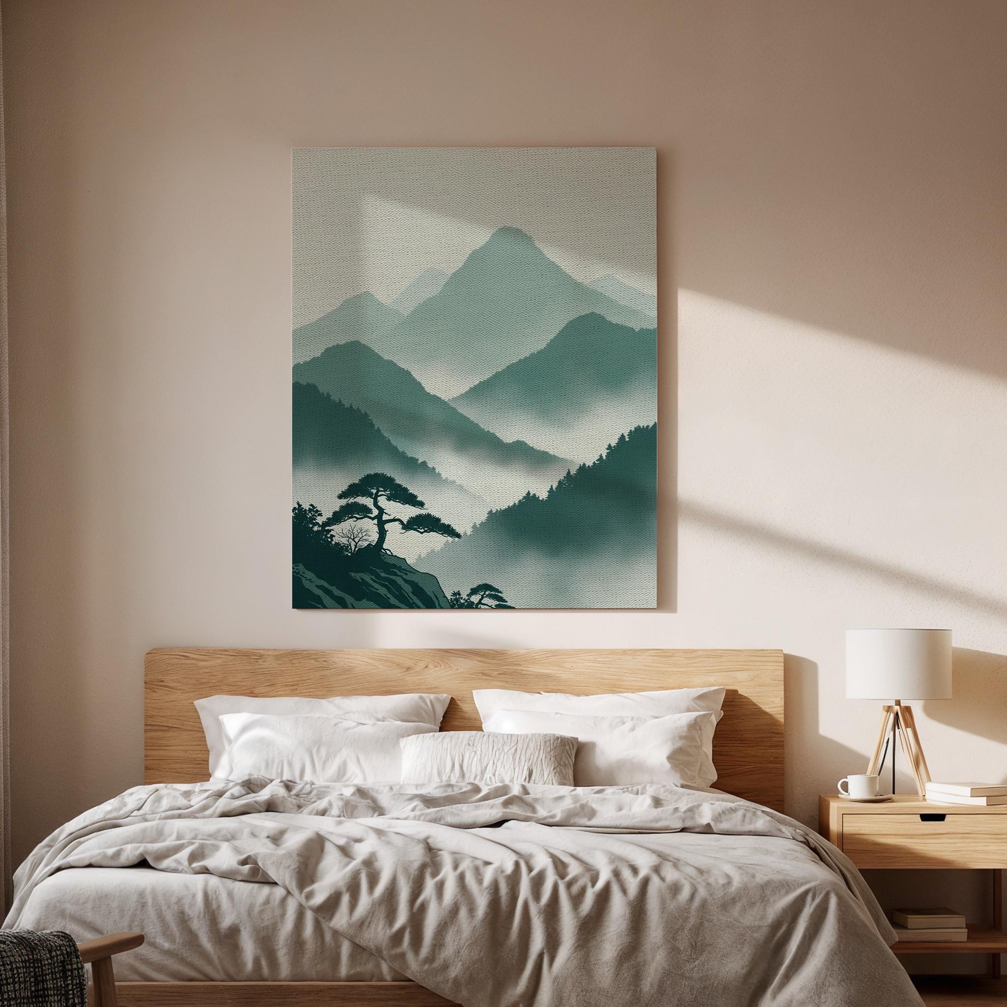 Misty Mountain Landscape Canvas Art, Framed Wall Decor, Japanese Inspired Illustration, Serene Nature Canvas Artwork, Minimal Home Decor