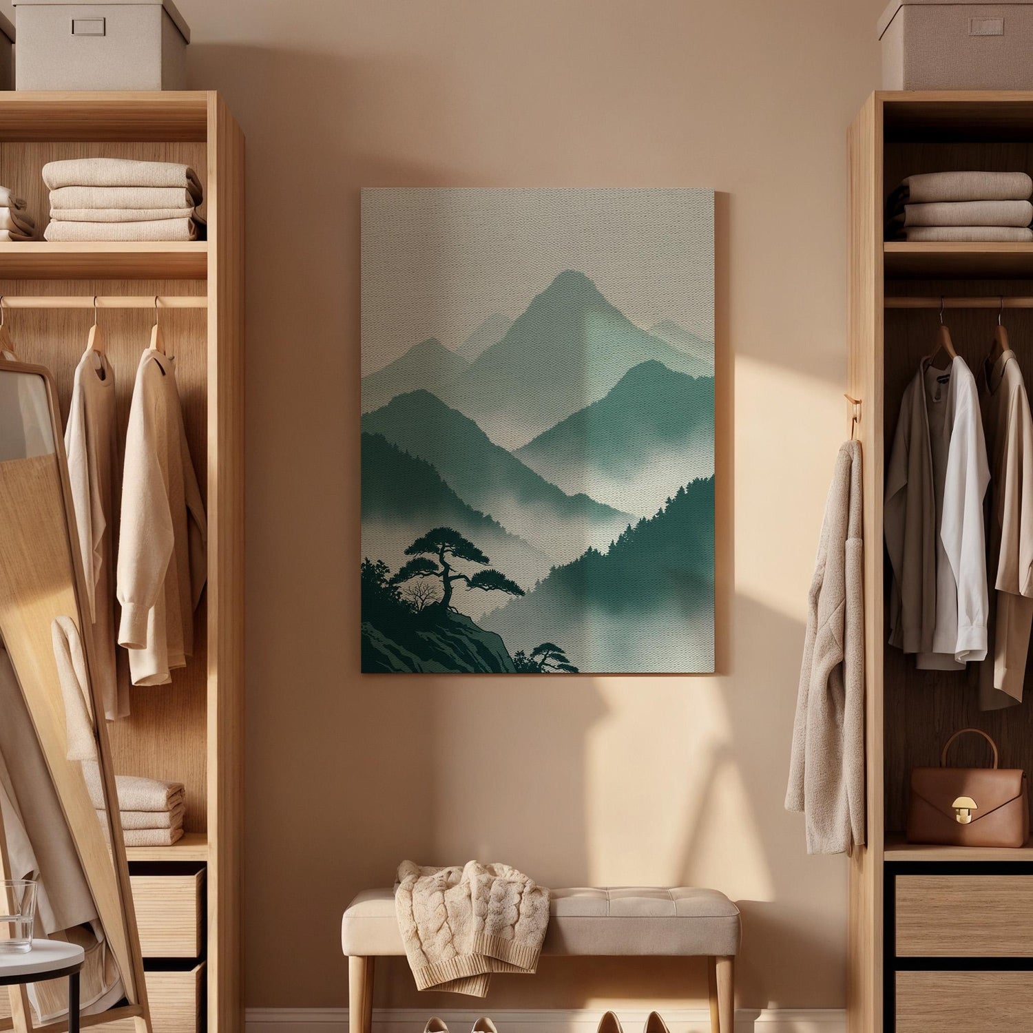 Misty Mountain Landscape Canvas Art, Framed Wall Decor, Japanese Inspired Illustration, Serene Nature Canvas Artwork, Minimal Home Decor
