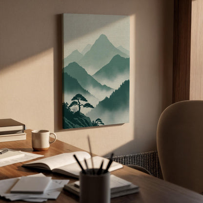 Misty Mountain Landscape Canvas Art, Framed Wall Decor, Japanese Inspired Illustration, Serene Nature Canvas Artwork, Minimal Home Decor