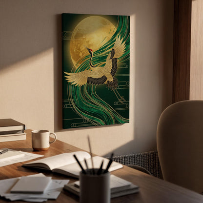 Golden Moon Crane Canvas Art, Elegant Framed Wall Decor, Japanese Inspired Illustration, Serene Oriental Canvas Artwork, Tranquil Wall Art