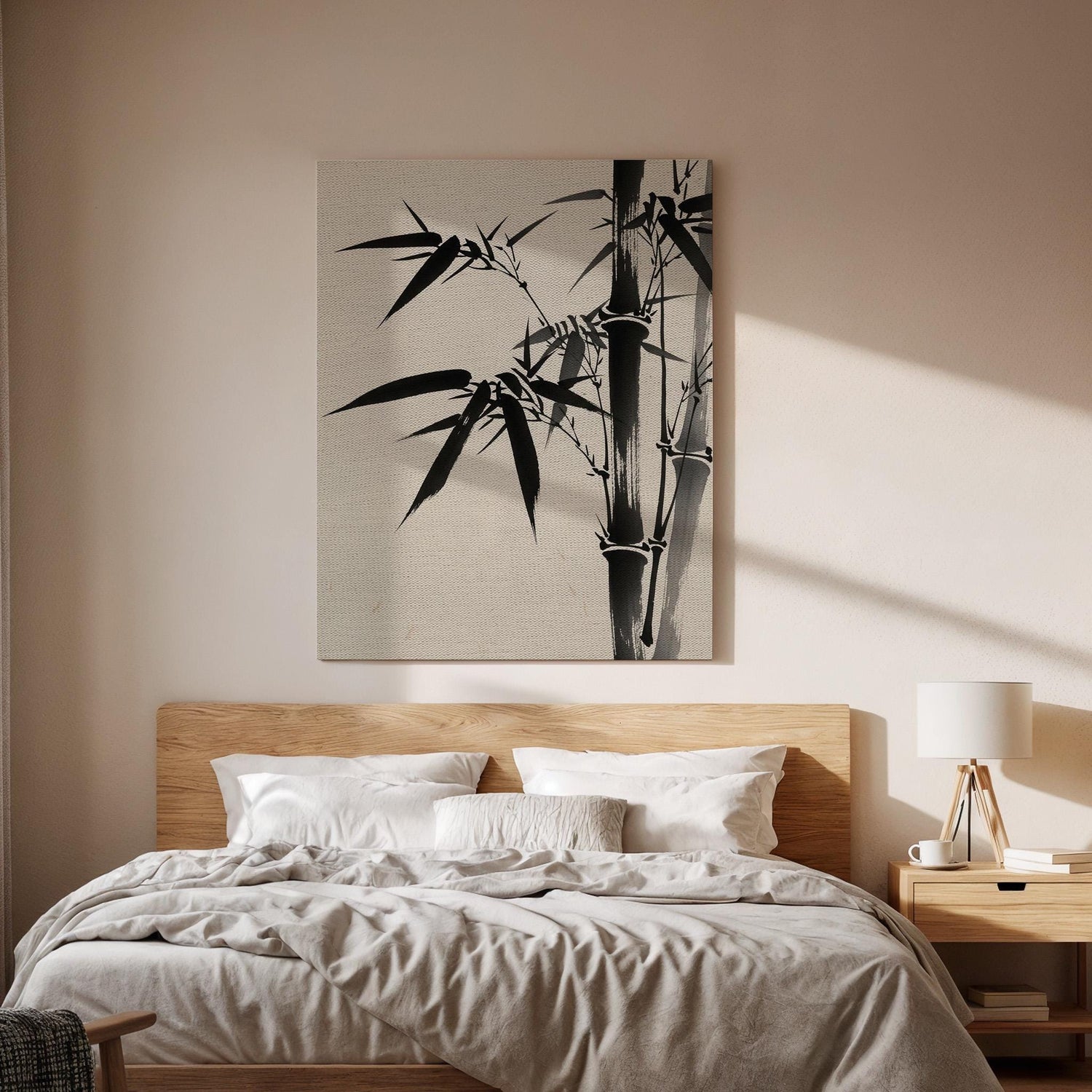 Minimal Bamboo Ink Canvas Art, Framed Wall Decor, Japanese Zen Illustration, Black And White Bamboo Canvas Artwork, Serene Home Wall Art