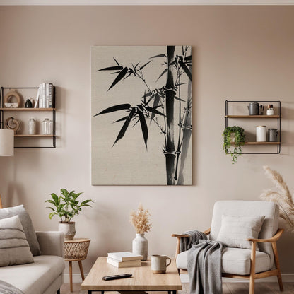 Minimal Bamboo Ink Canvas Art, Framed Wall Decor, Japanese Zen Illustration, Black And White Bamboo Canvas Artwork, Serene Home Wall Art
