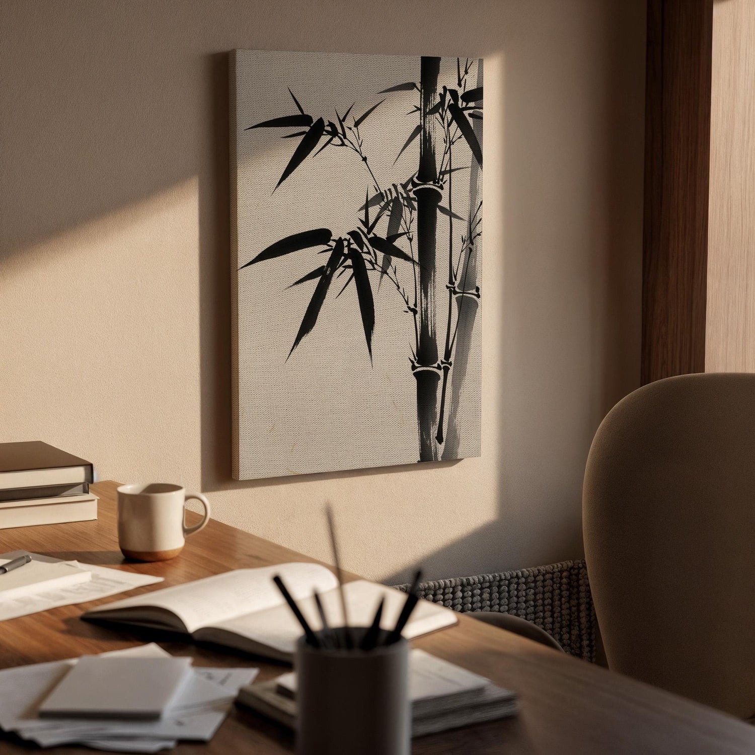 Minimal Bamboo Ink Canvas Art, Framed Wall Decor, Japanese Zen Illustration, Black And White Bamboo Canvas Artwork, Serene Home Wall Art