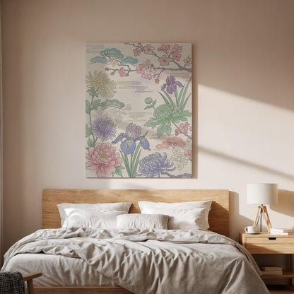 Japanese Floral Garden Canvas Art, Framed Wall Decor, Traditional Botanical Illustration, Elegant Nature Inspired Canvas Artwork, Home Gift