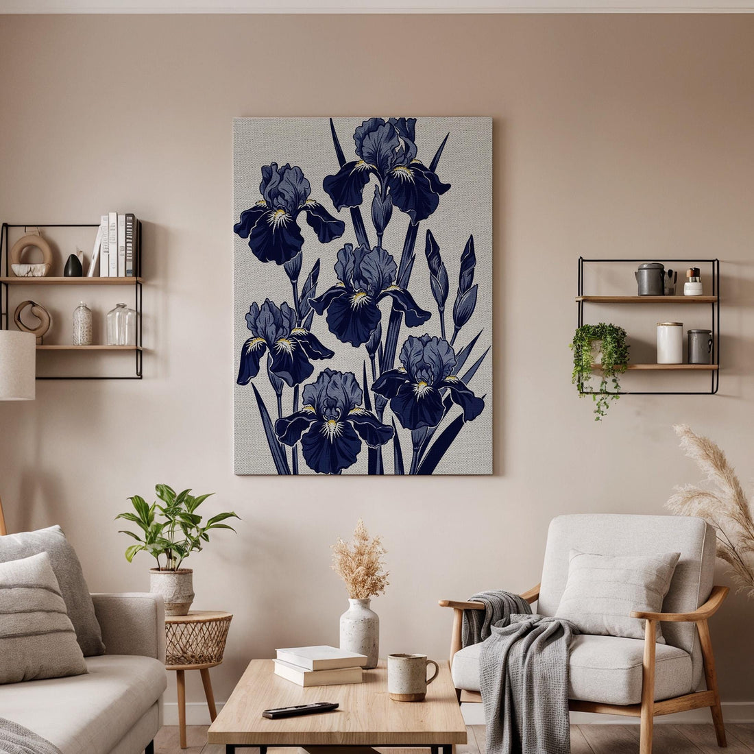 Elegant Iris Floral Canvas Art, Framed Wall Decor, Japanese Botanical Illustration, Blue Flower Canvas Artwork, Serene Home Wall Art