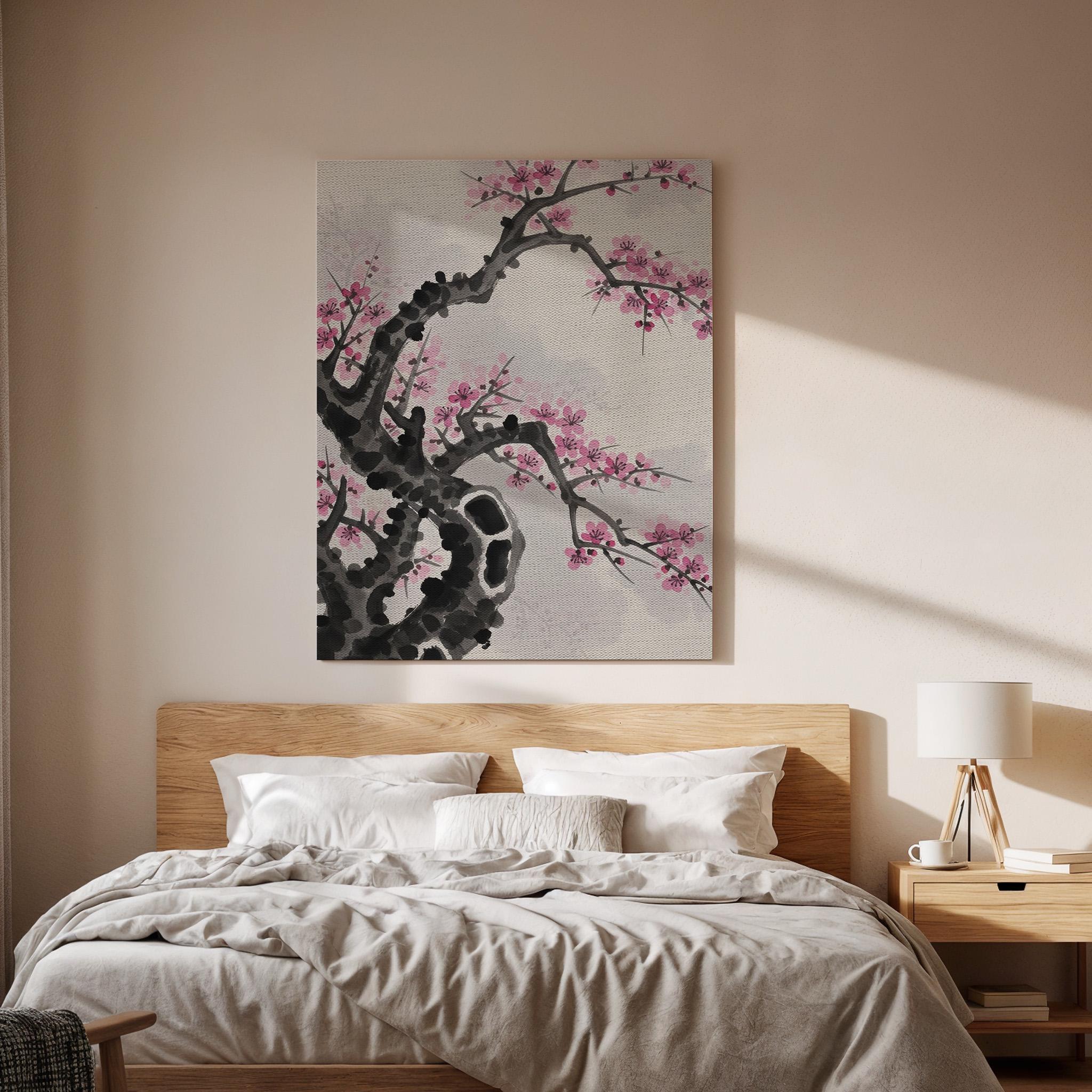 Cherry Blossom Branch Canvas Art, Framed Wall Decor, Japanese Ink Illustration, Minimalist Floral Canvas Artwork, Serene Home Wall Art