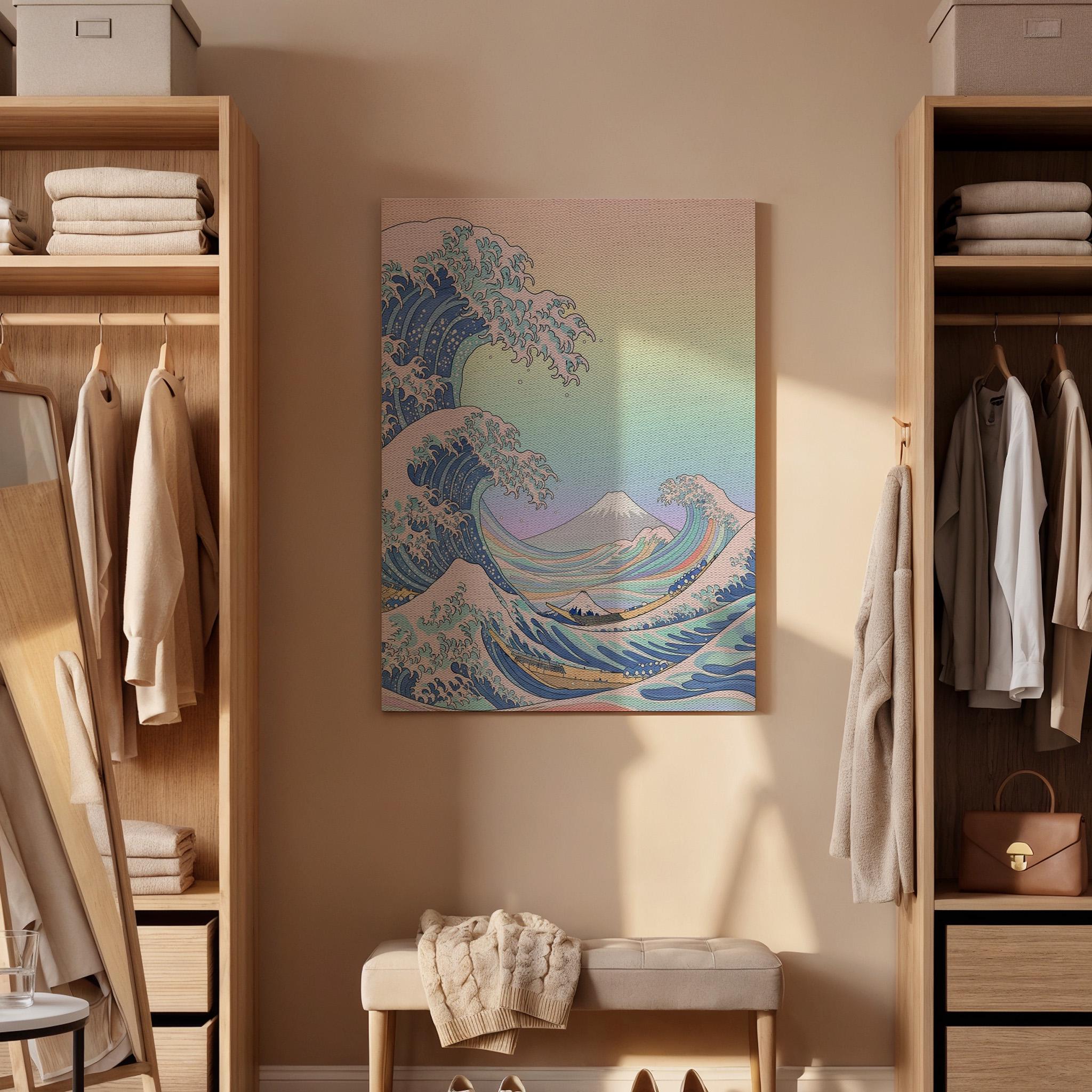Japanese Wave And Mountain Canvas Art, Framed Wall Decor, Ukiyo-E Inspired Ocean Illustration, Serene Japanese Style Canvas Artwork