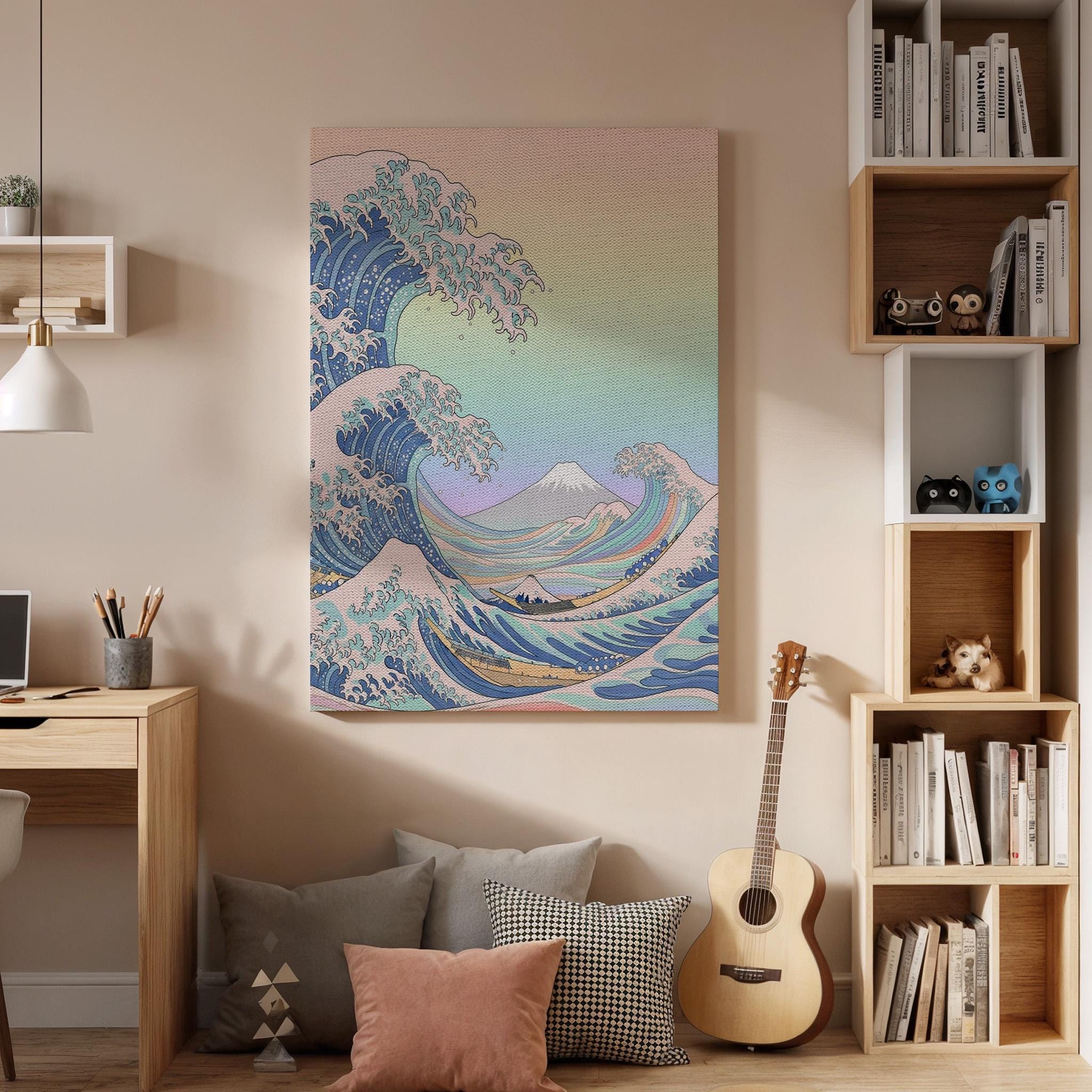 Japanese Wave And Mountain Canvas Art, Framed Wall Decor, Ukiyo-E Inspired Ocean Illustration, Serene Japanese Style Canvas Artwork