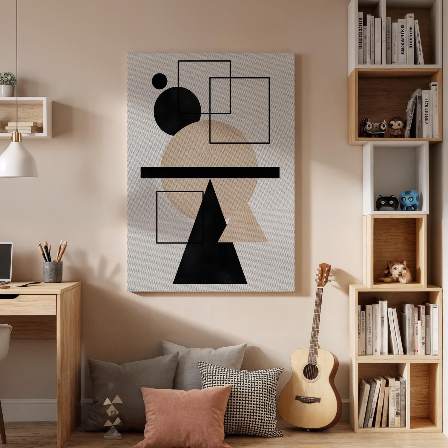 Modern Geometric Canvas Art, Abstract Shapes Design, Neutral Tones Artwork, Minimalist Framed Canvas Decor, Contemporary Wall Art, Home Gift