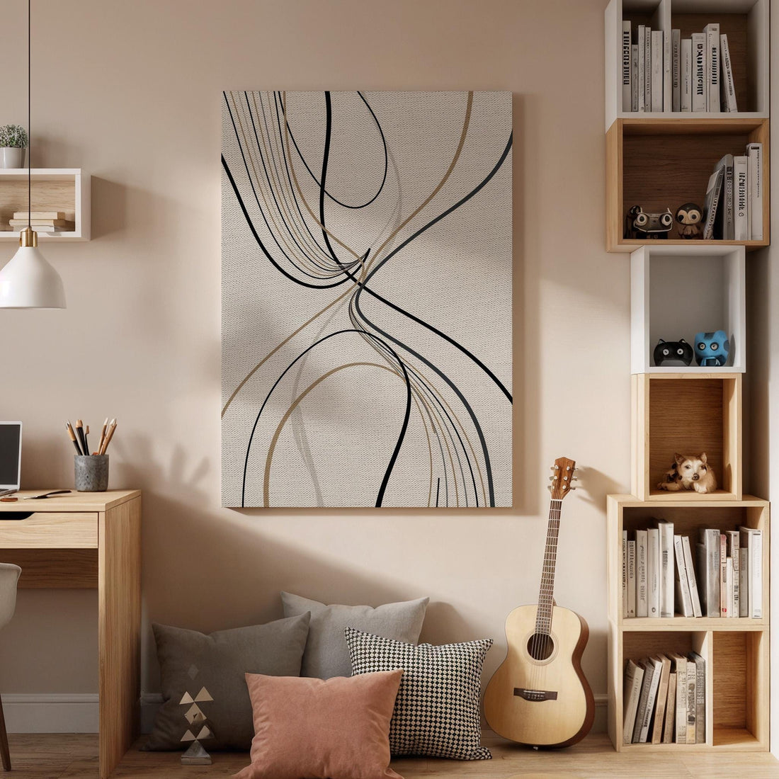 Abstract Line Canvas, Neutral Office Wall Art, Modern Minimalist Decor, Home Office Artwork, Calm Workspace Design, Large Framed Canvas
