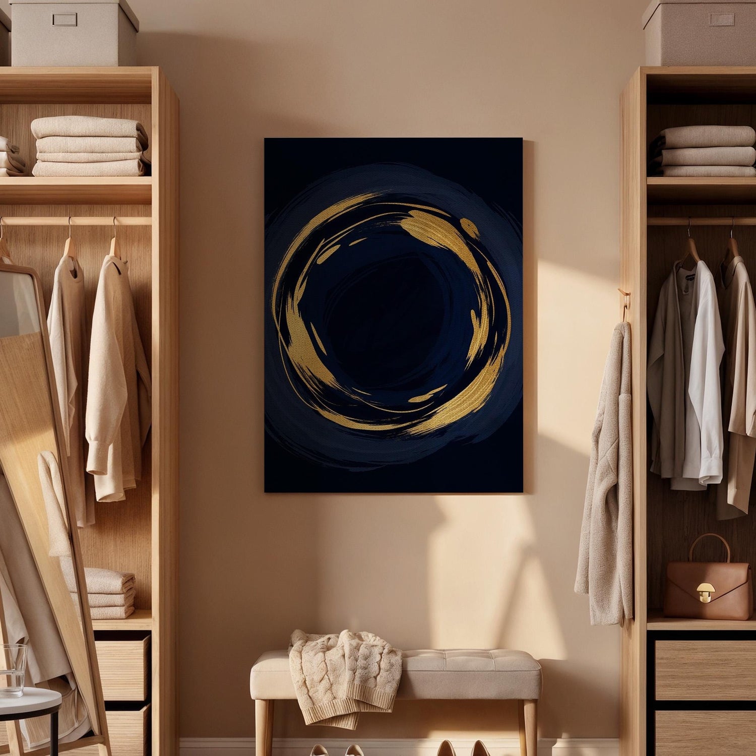 Abstract Gold Circle Canvas, Dark Luxury Wall Art, Modern Statement Painting, Bedroom Wall Decor, Elegant Interior Accent, Framed Canvas