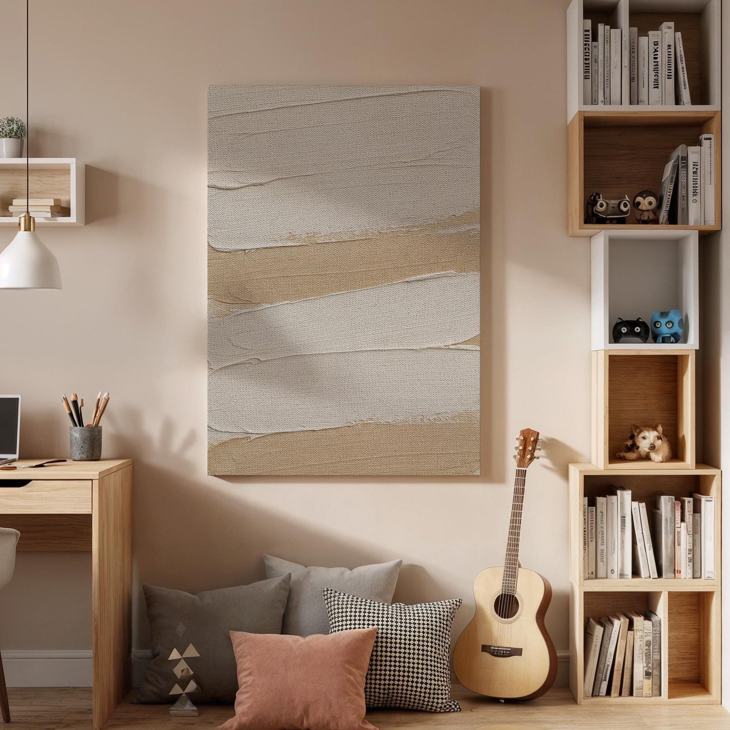 Neutral Layered Canvas Art, Textured Wall Decor, Soft Modern Bedroom Design, Calm Interior Styling, Warm Minimal Aesthetic, Framed Canvas
