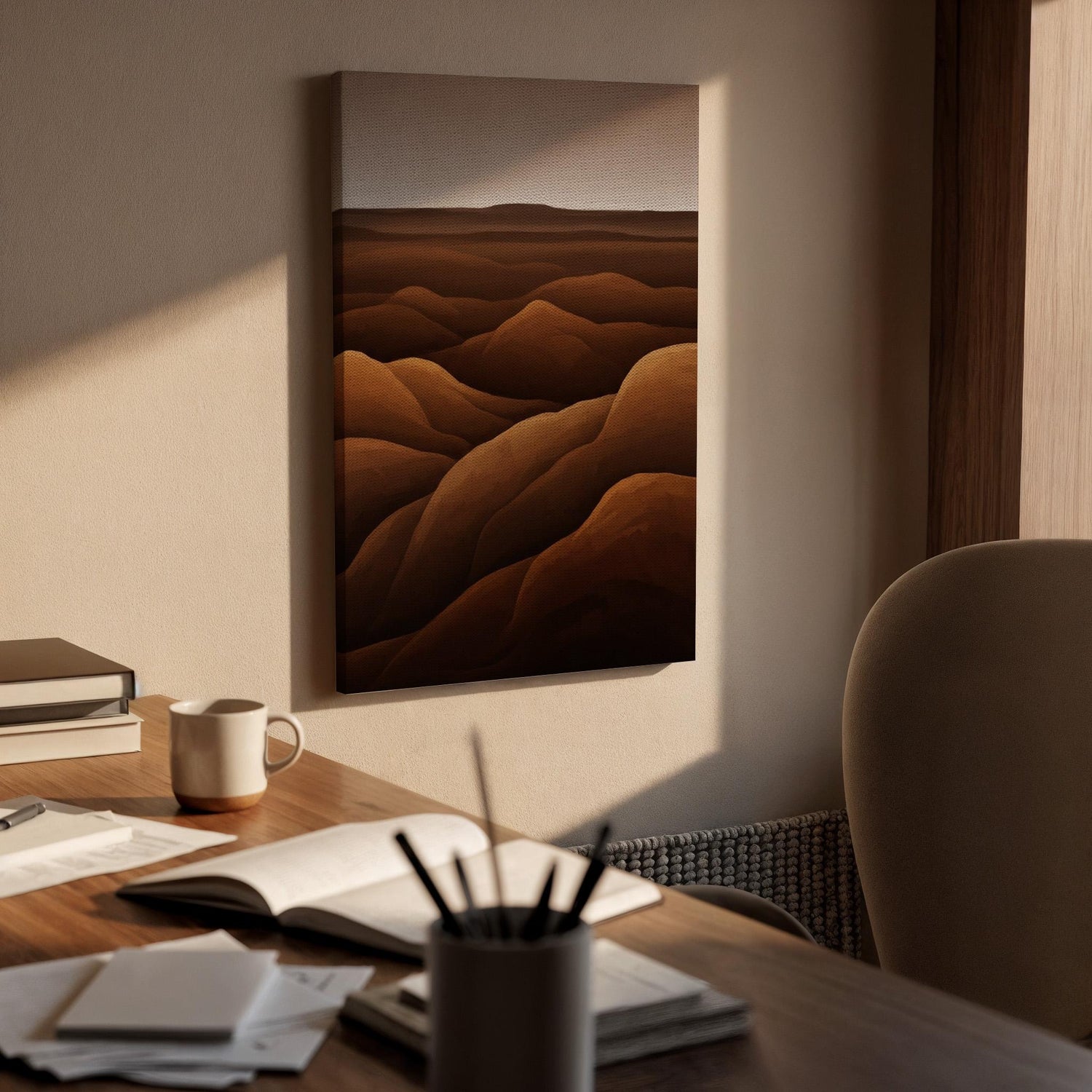 Desert Dune Canvas Art, Earth Tone Landscape Decor, Warm Modern Wall Design, Bedroom Interior Styling, Natural Calm Aesthetic, Framed Canvas