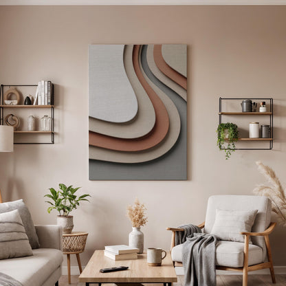Layered Neutral Canvas Art, Flowing Shape Wall Decor, Soft Modern Interior Style, Bedroom Wall Design, Warm Contemporary Look, Framed Canvas