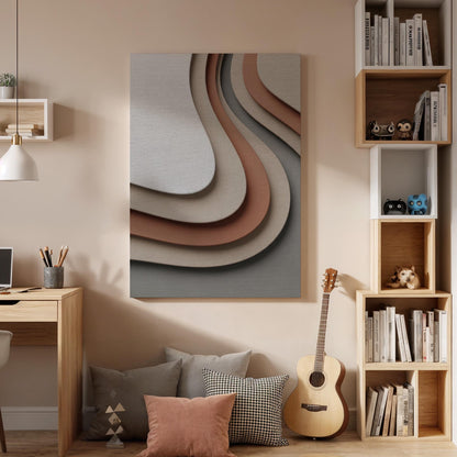 Layered Neutral Canvas Art, Flowing Shape Wall Decor, Soft Modern Interior Style, Bedroom Wall Design, Warm Contemporary Look, Framed Canvas