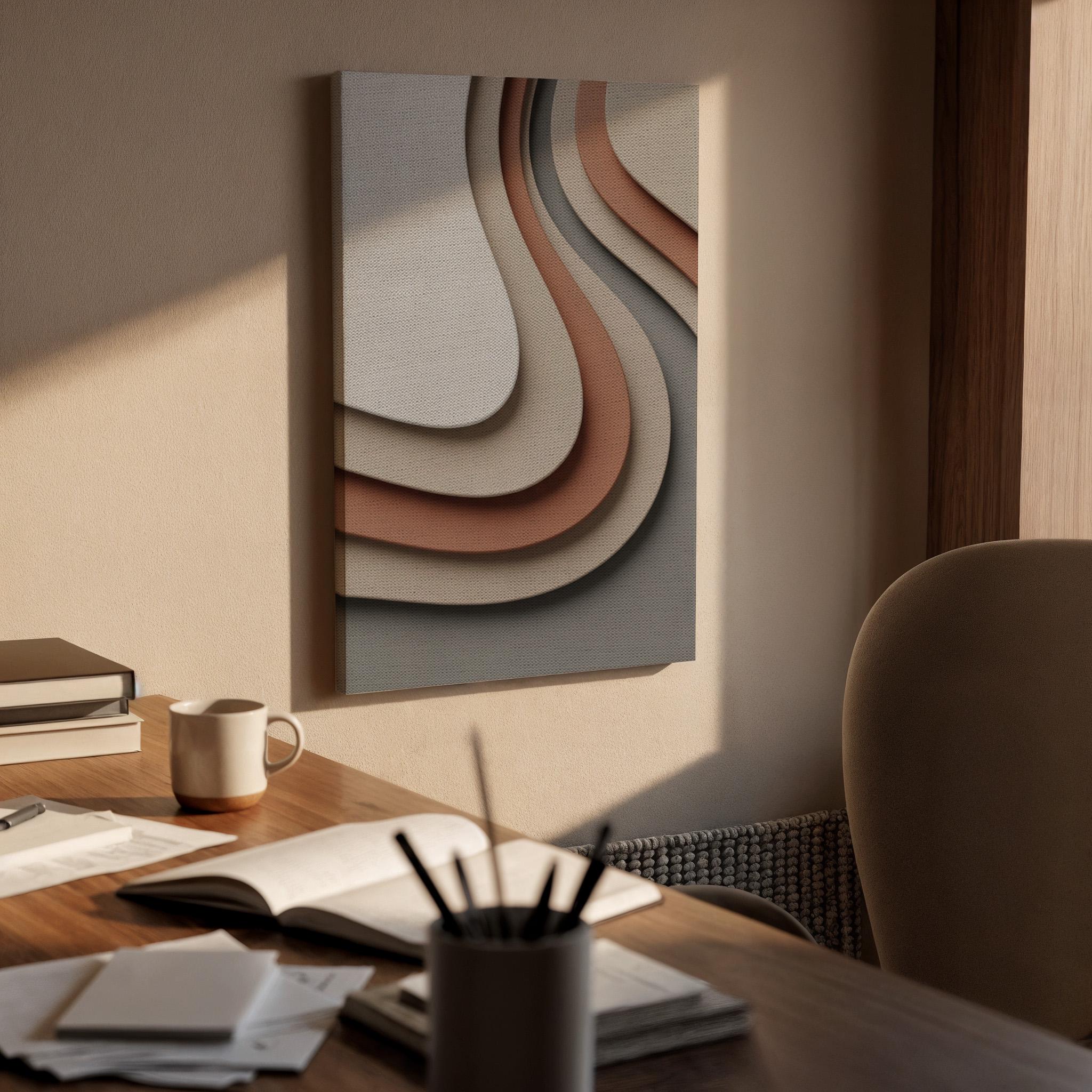 Layered Neutral Canvas Art, Flowing Shape Wall Decor, Soft Modern Interior Style, Bedroom Wall Design, Warm Contemporary Look, Framed Canvas