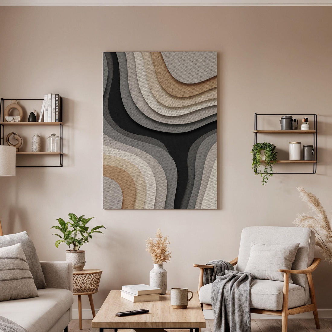 Layered Contour Canvas Art, Neutral Shape Wall Decor, Modern Bedroom Design, Warm Graphic Interior Style, Calm Statement Art, Framed Canvas