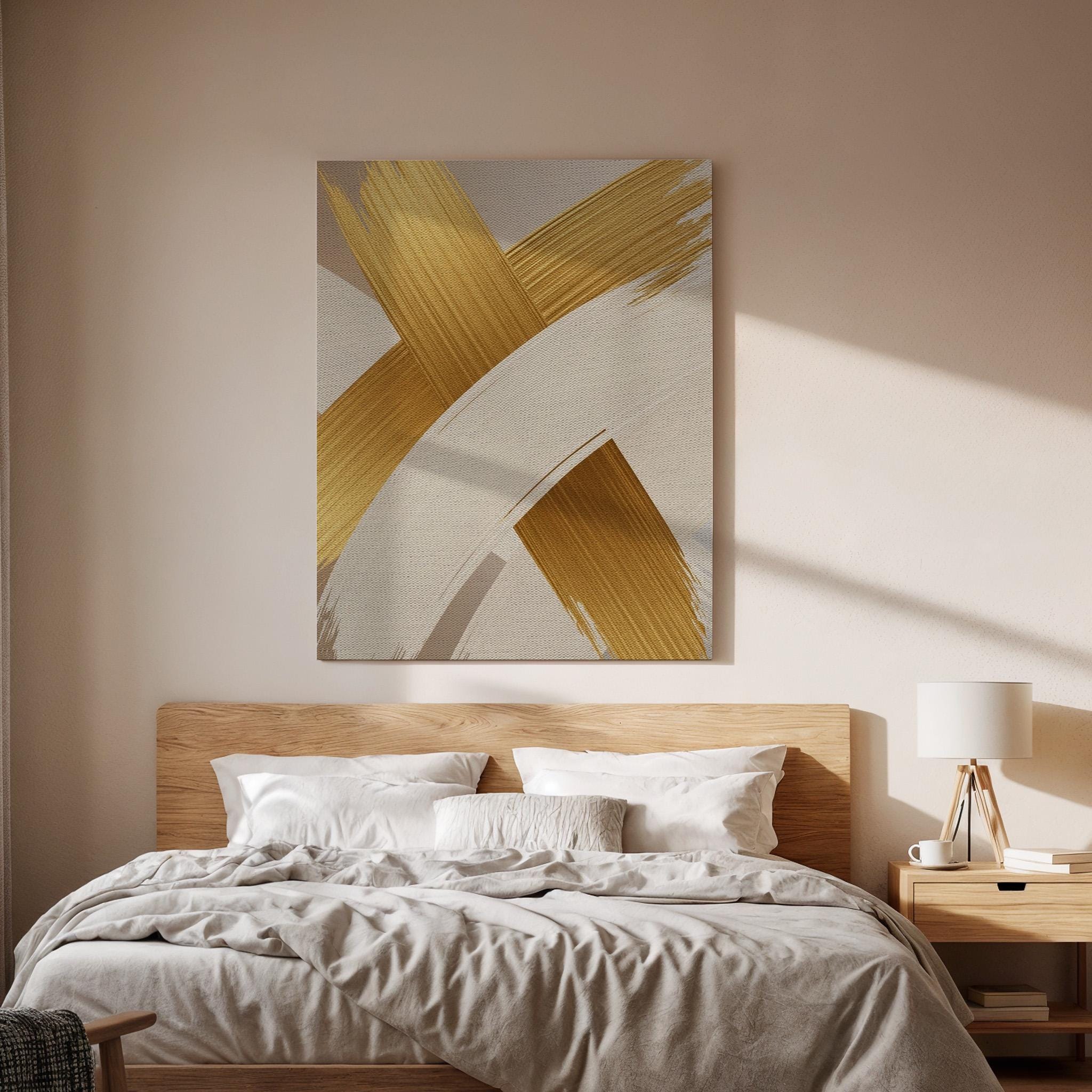 Gold Brush Canvas Art, Elegant Neutral Wall Decor, Modern Luxury Interior Style, Bedroom Wall Design, Warm Artistic Accent, Framed Canvas