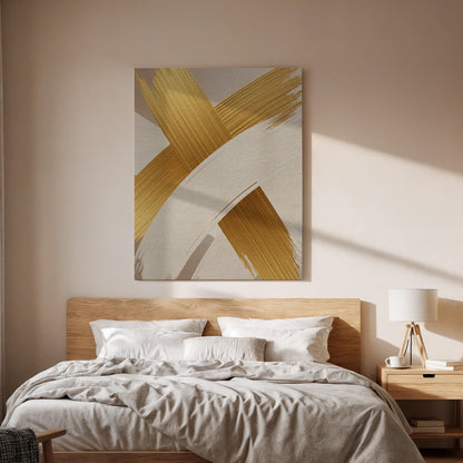 Gold Brush Canvas Art, Elegant Neutral Wall Decor, Modern Luxury Interior Style, Bedroom Wall Design, Warm Artistic Accent, Framed Canvas