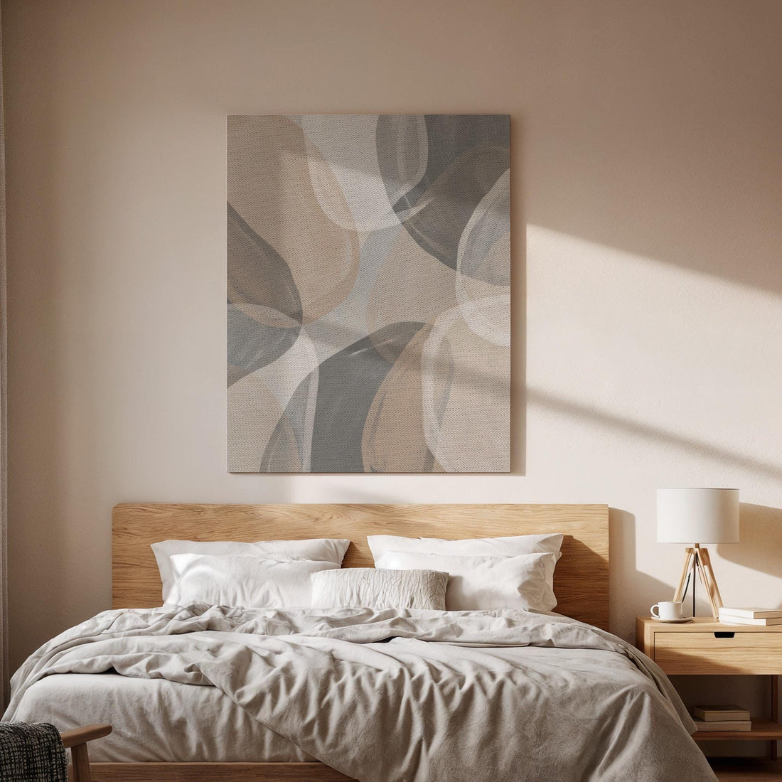 Soft Layered Canvas Art, Neutral Flow Wall Decor, Calm Modern Bedroom Style, Airy Interior Design, Gentle Shape Composition, Framed Canvas