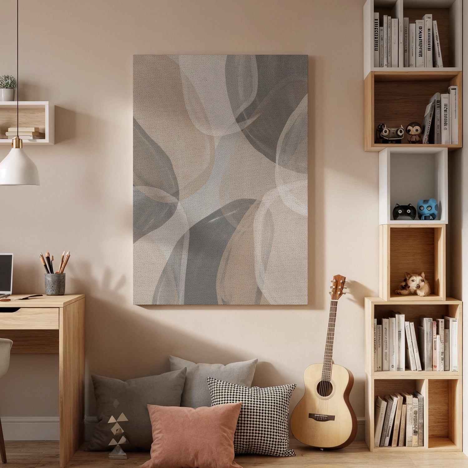 Soft Layered Canvas Art, Neutral Flow Wall Decor, Calm Modern Bedroom Style, Airy Interior Design, Gentle Shape Composition, Framed Canvas