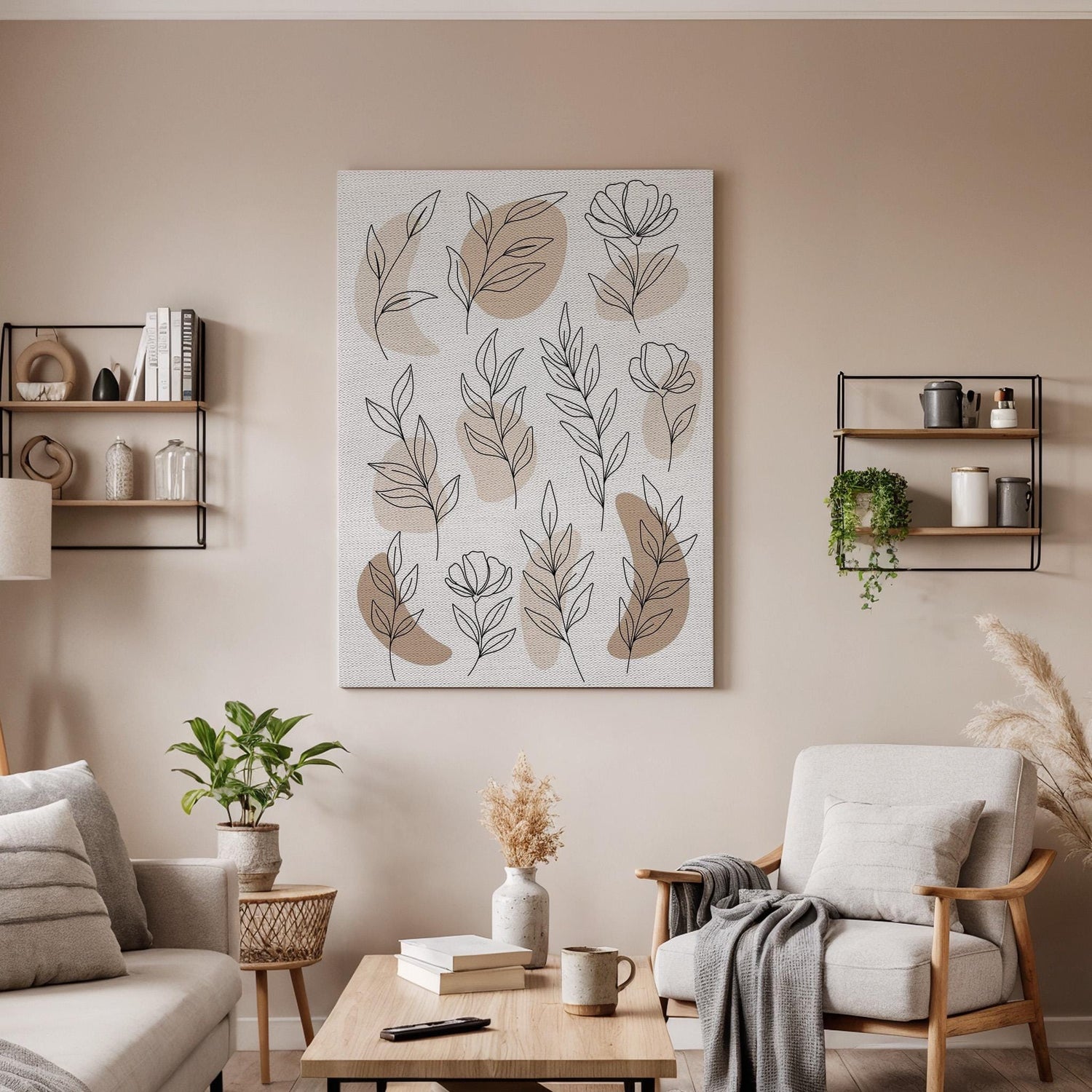 Botanical Line Art Canvas, Soft Floral Wall Decor, Minimal Nature Design, Calm Bedroom Artwork, Neutral Home Style, Framed Canvas Art