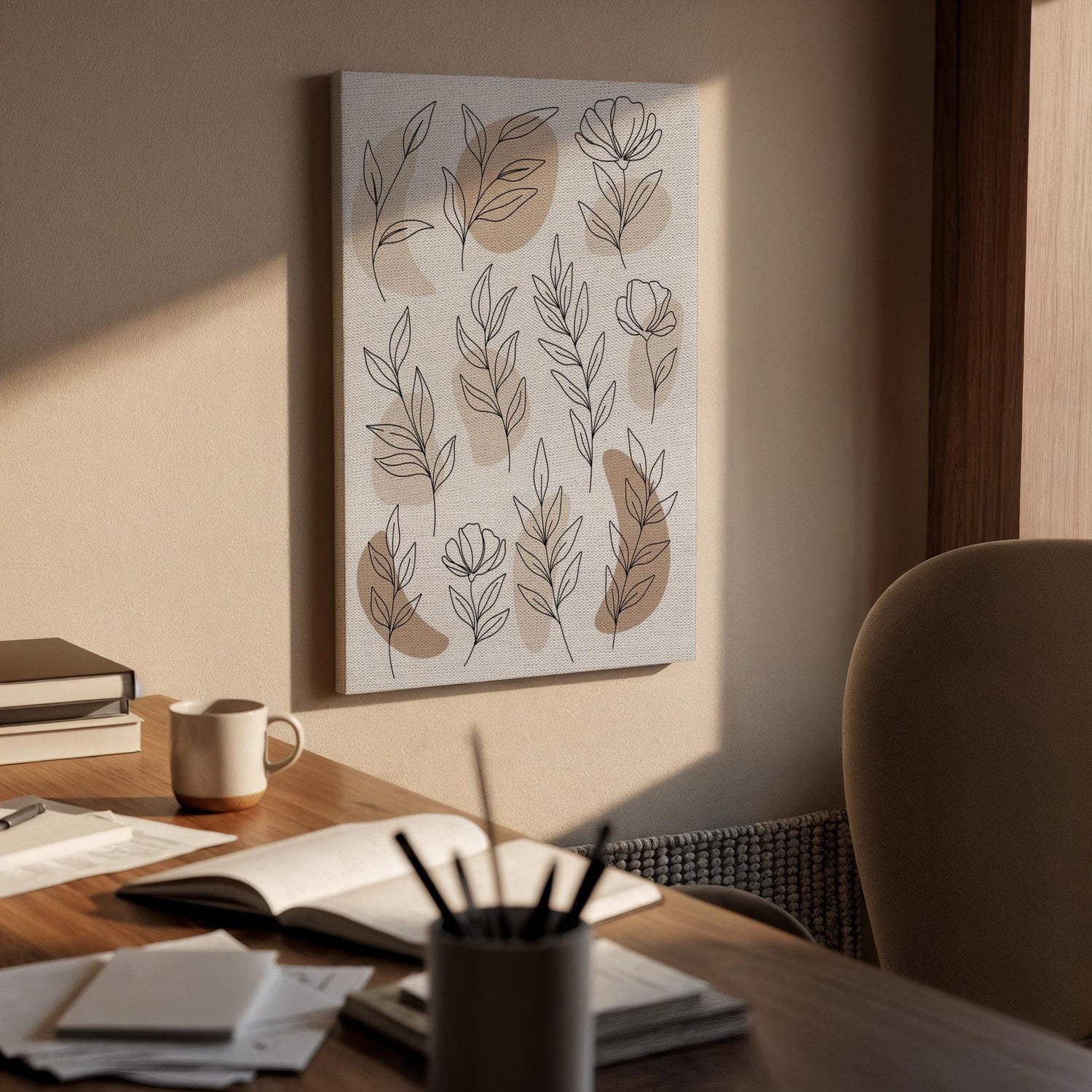 Botanical Line Art Canvas, Soft Floral Wall Decor, Minimal Nature Design, Calm Bedroom Artwork, Neutral Home Style, Framed Canvas Art
