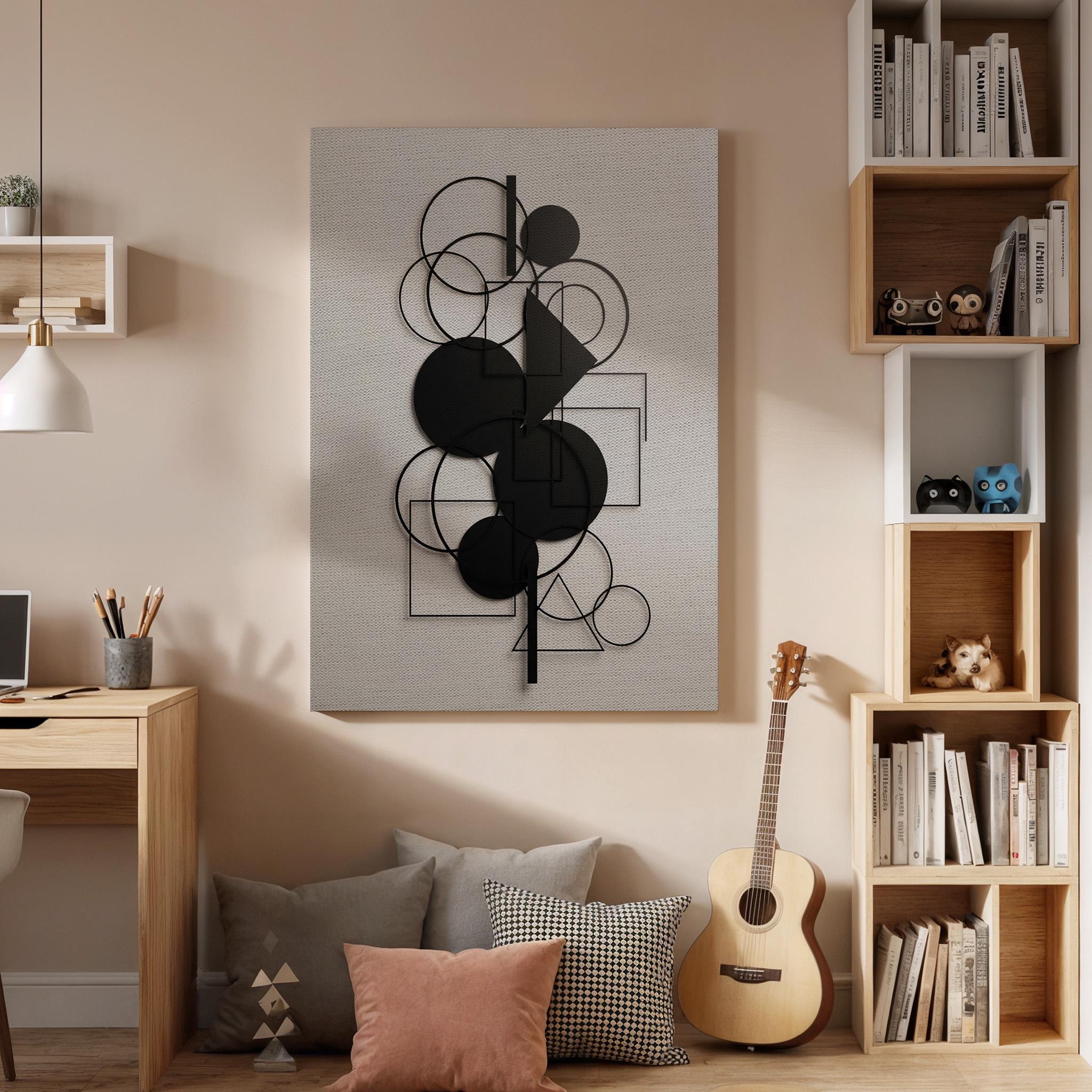 Geometric Canvas Art, Black Shape Wall Decor, Modern Minimal Design, Structured Interior Style, Contemporary Balance Look, Framed Canvas