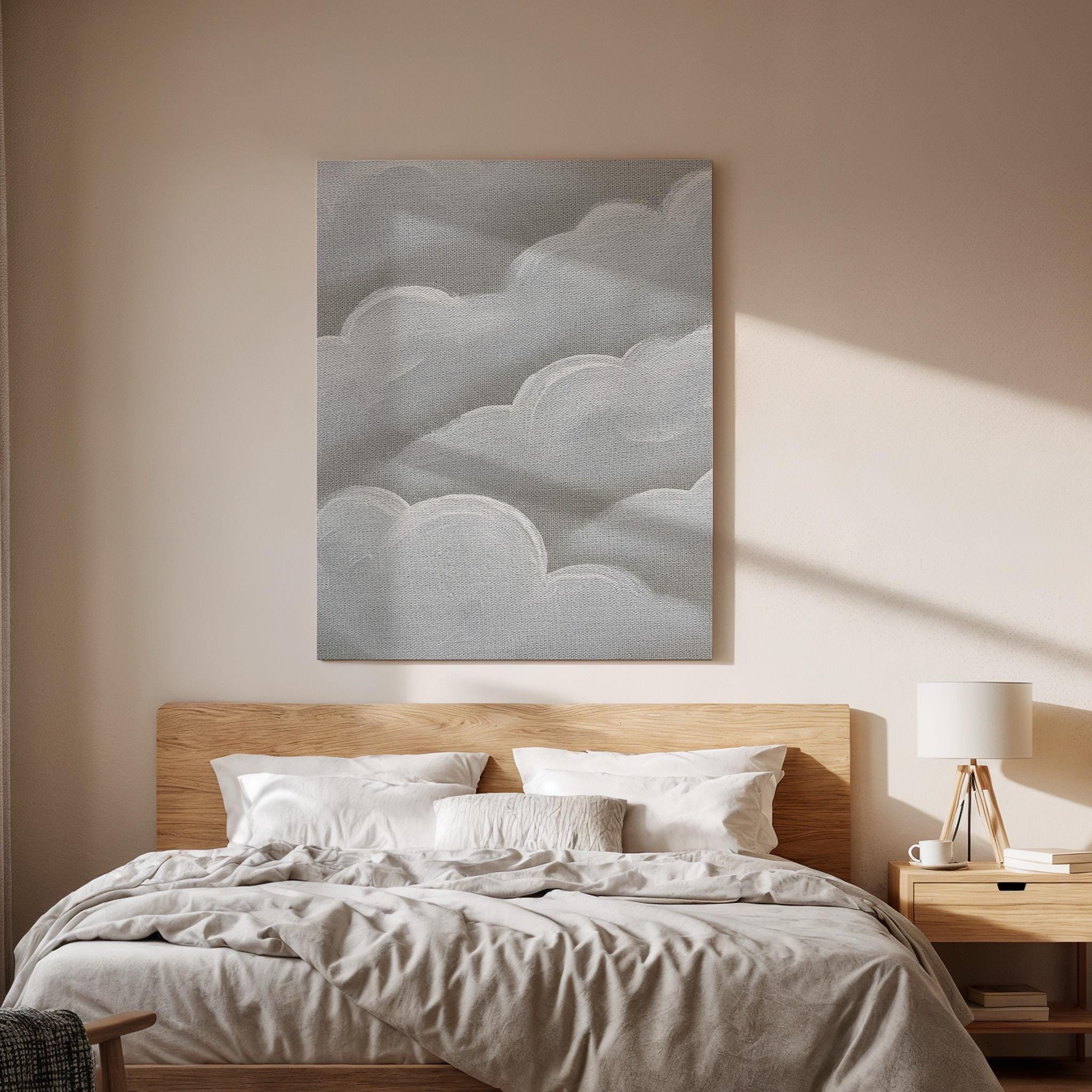 Soft Cloud Canvas Art, Gentle Gray Wall Decor, Calm Bedroom Atmosphere, Light Modern Interior Style, Serene Contemporary Look, Framed Canvas