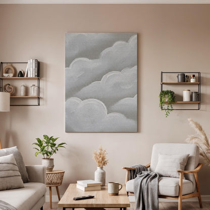 Soft Cloud Canvas Art, Gentle Gray Wall Decor, Calm Bedroom Atmosphere, Light Modern Interior Style, Serene Contemporary Look, Framed Canvas