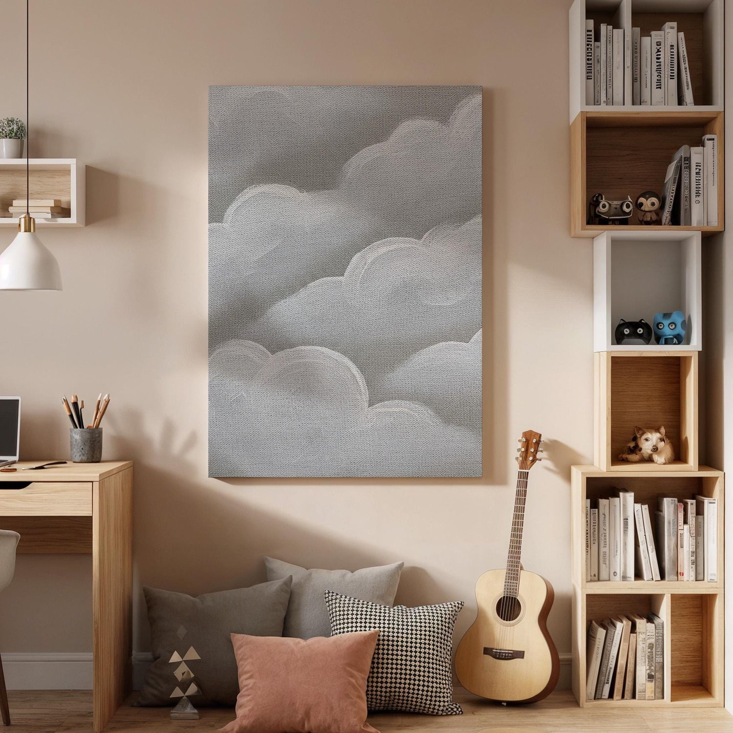 Soft Cloud Canvas Art, Gentle Gray Wall Decor, Calm Bedroom Atmosphere, Light Modern Interior Style, Serene Contemporary Look, Framed Canvas