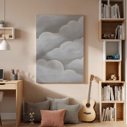 Soft Cloud Canvas Art, Gentle Gray Wall Decor, Calm Bedroom Atmosphere, Light Modern Interior Style, Serene Contemporary Look, Framed Canvas