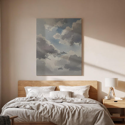Soft Cloud Canvas Art, Calm Sky Wall Decor, Serene Modern Bedroom Style, Gentle Blue Gray Tones, Peaceful Interior Mood, Large Framed Canvas