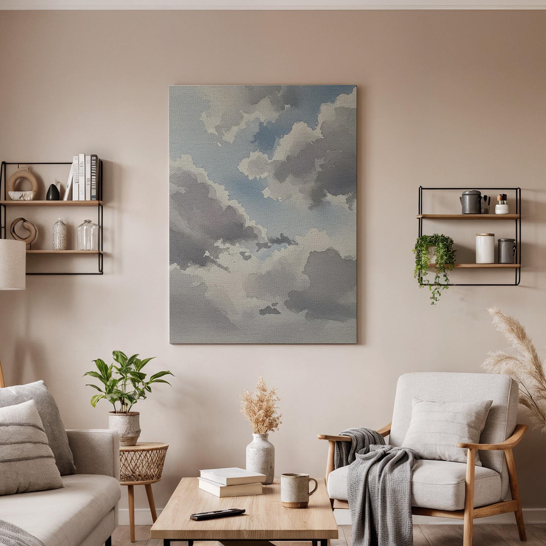 Soft Cloud Canvas Art, Calm Sky Wall Decor, Serene Modern Bedroom Style, Gentle Blue Gray Tones, Peaceful Interior Mood, Large Framed Canvas