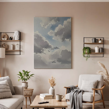 Soft Cloud Canvas Art, Calm Sky Wall Decor, Serene Modern Bedroom Style, Gentle Blue Gray Tones, Peaceful Interior Mood, Large Framed Canvas
