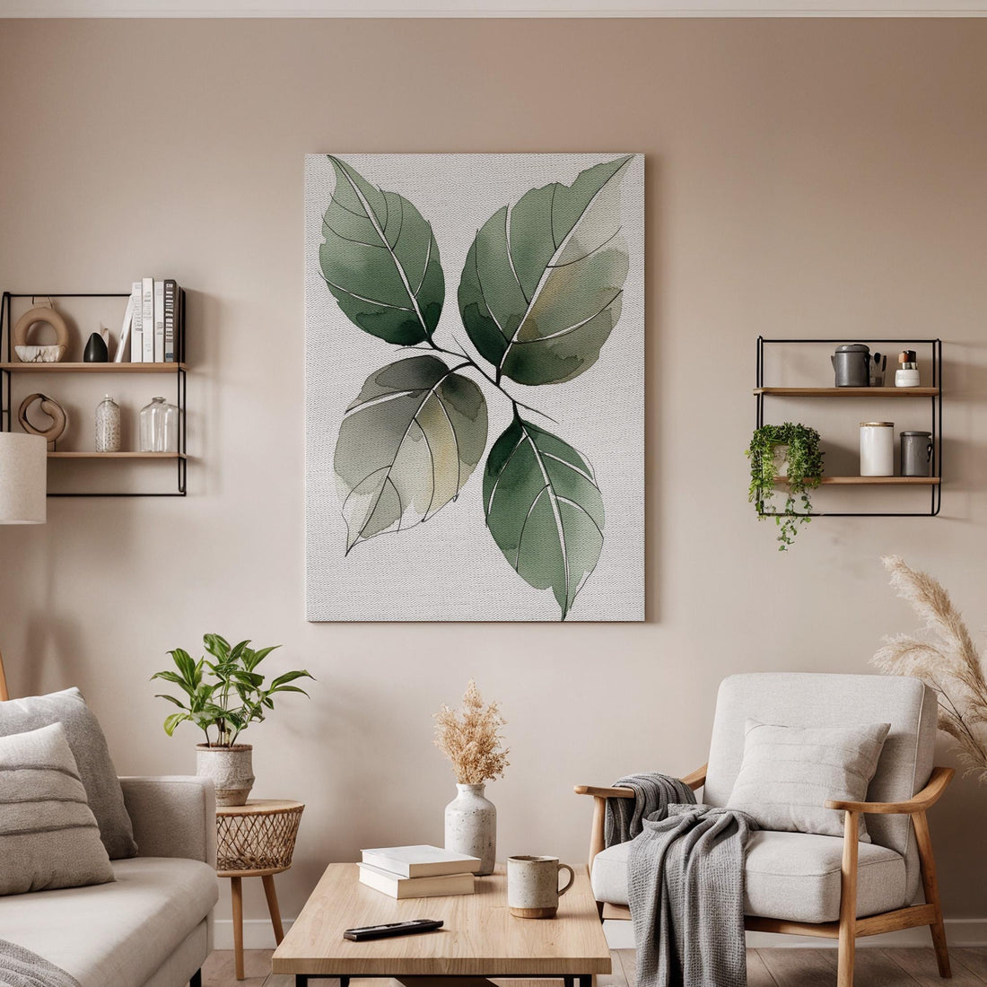 Botanical Leaf Canvas Art, Green Nature Wall Decor, Calm Modern Bedroom Style, Soft Organic Design, Natural Interior Harmony, Framed Canvas