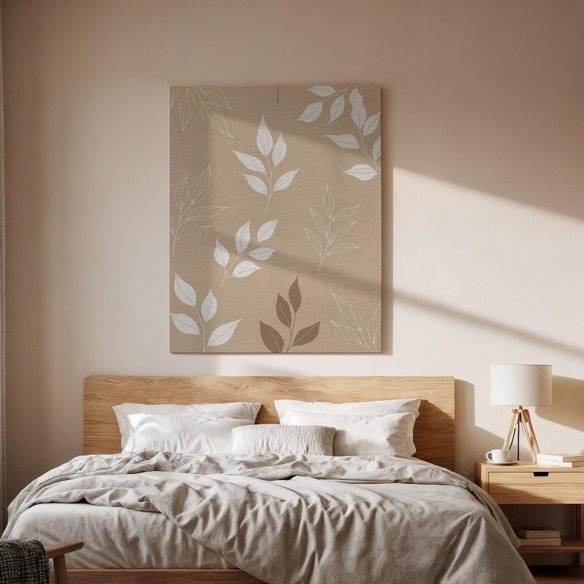 Botanical Canvas Art, Beige Leaf Wall Decor, Soft Nature Bedroom Style, Calm Organic Interior Design, Minimal Home Styling, Framed Canvas