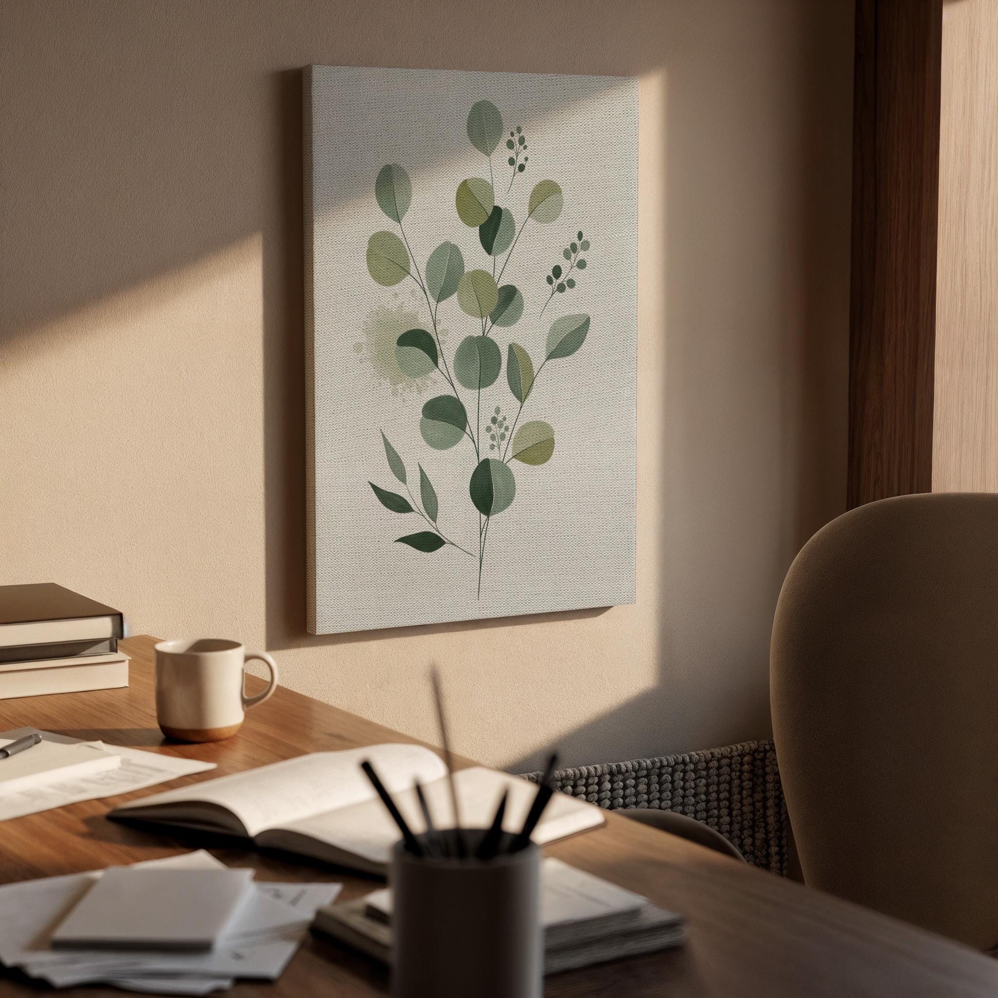 Botanical Green Canvas Art, Eucalyptus Leaf Wall Decor, Calm Nature Bedroom Style, Organic Interior Design, Minimal Home Look, Framed Canvas