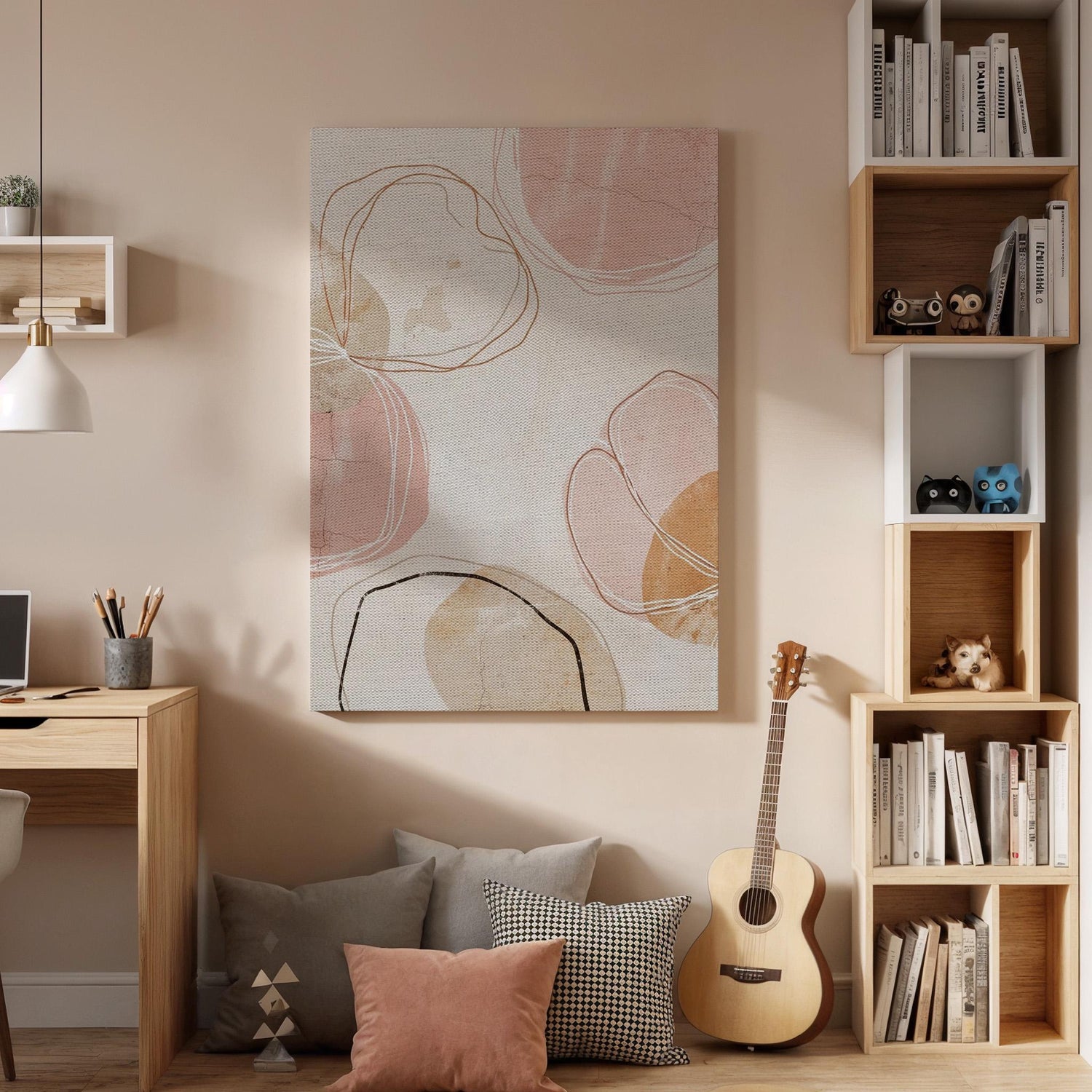 Soft Blush Canvas Art, Organic Line Wall Decor, Calm Modern Bedroom Style, Neutral Interior Design, Gentle Abstract Look, Framed Canvas