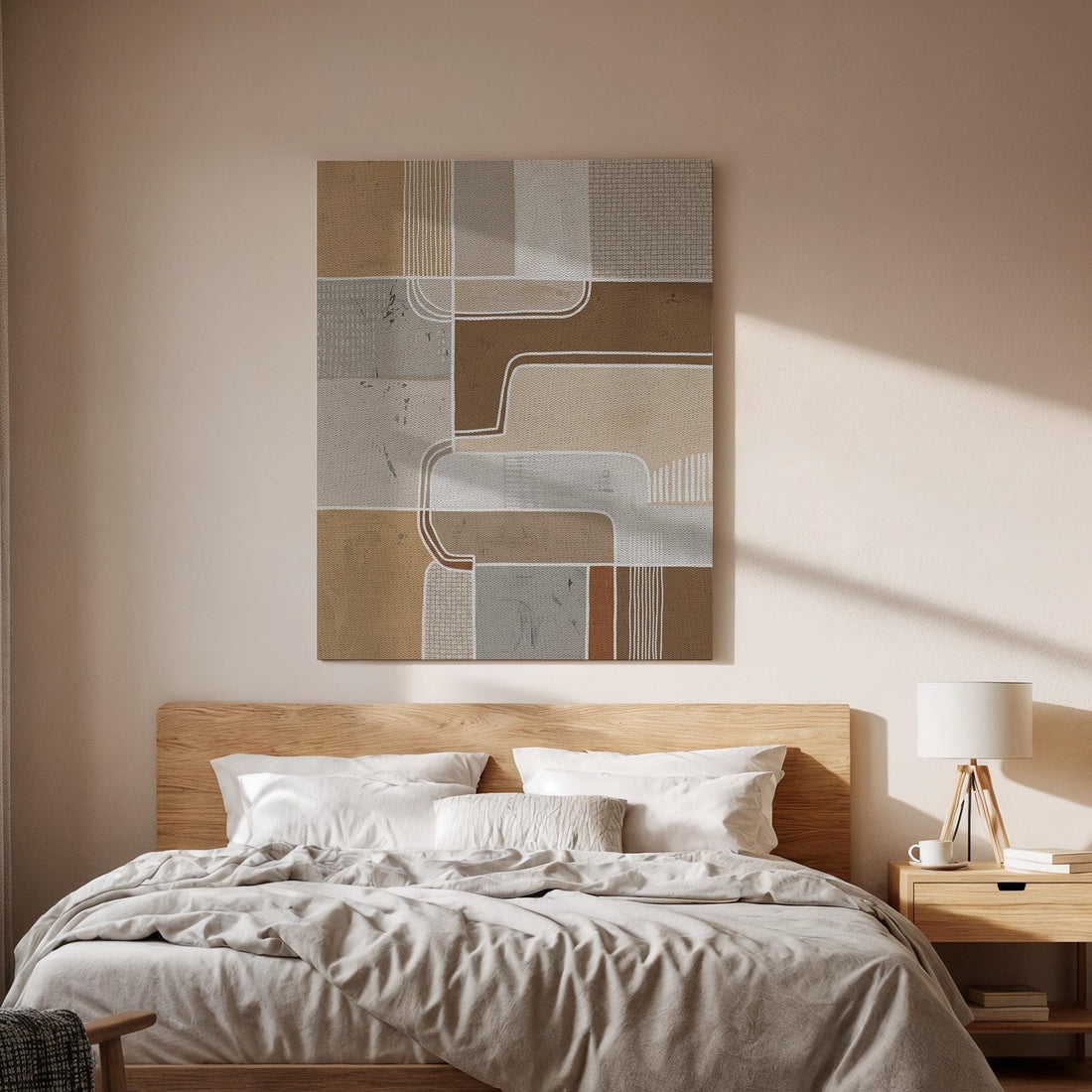 Geometric Neutral Canvas Art, Structured Line Wall Decor, Calm Modern Bedroom Style, Earth Tone Interior Design, Contemporary Framed Canvas