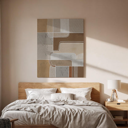 Geometric Neutral Canvas Art, Structured Line Wall Decor, Calm Modern Bedroom Style, Earth Tone Interior Design, Contemporary Framed Canvas