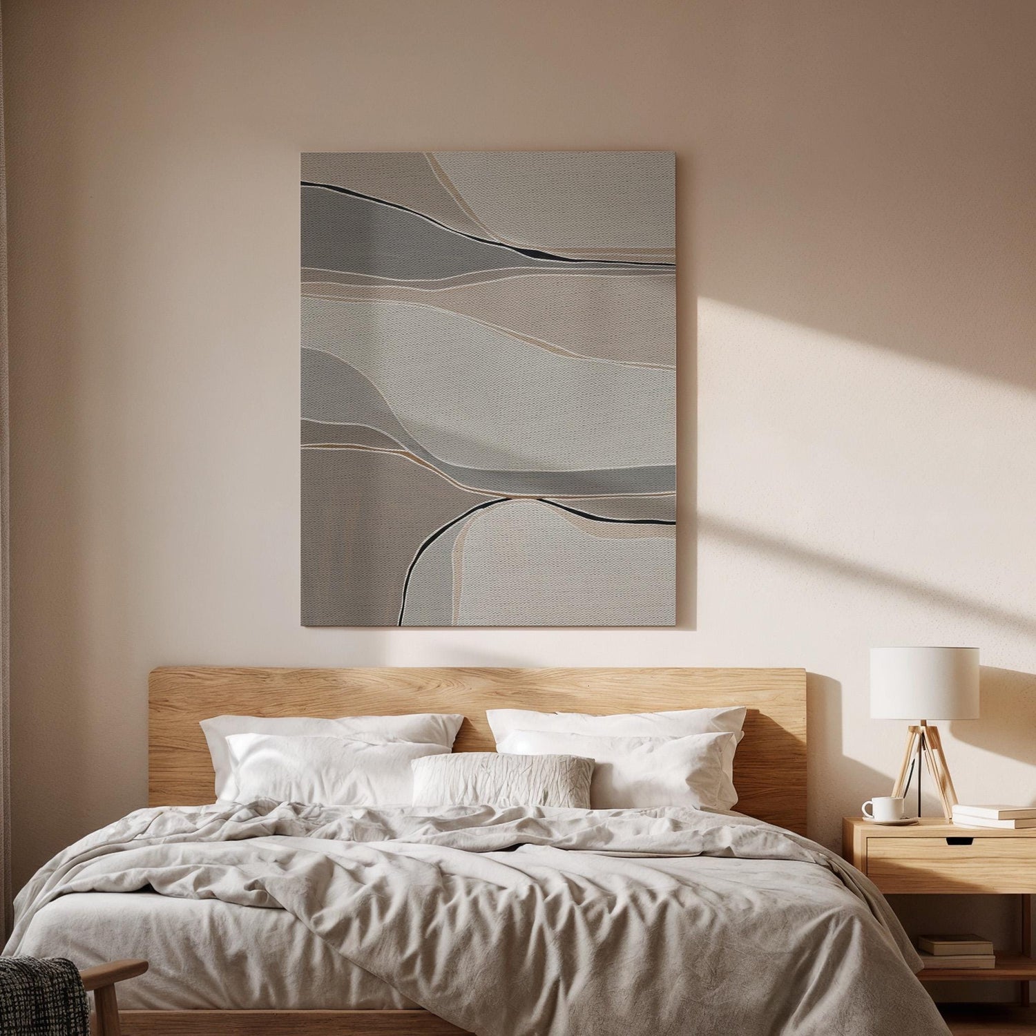 Soft Neutral Canvas Art, Flowing Line Wall Decor, Calm Abstract Bedroom Design, Minimal Modern Interior Style, Elegant Framed Canvas