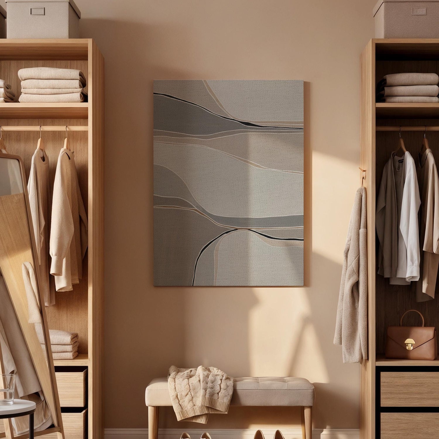 Soft Neutral Canvas Art, Flowing Line Wall Decor, Calm Abstract Bedroom Design, Minimal Modern Interior Style, Elegant Framed Canvas