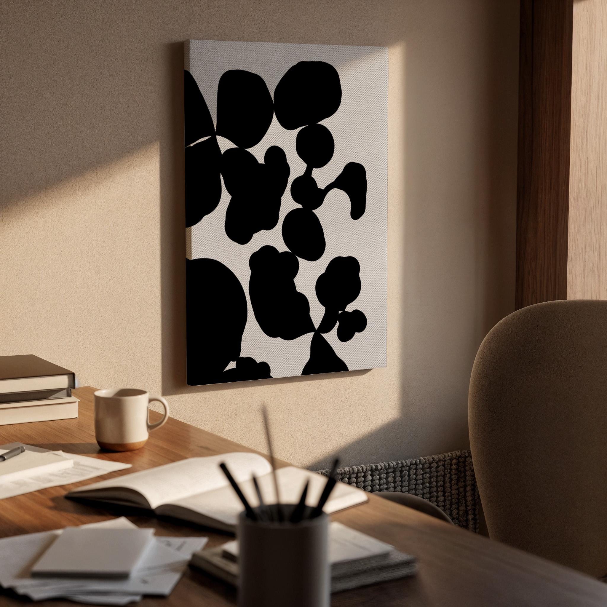 Bold Black Canvas Art, Organic Shape Wall Decor, Modern Abstract Bedroom Style, High Contrast Interior Design, Minimal Framed Canvas