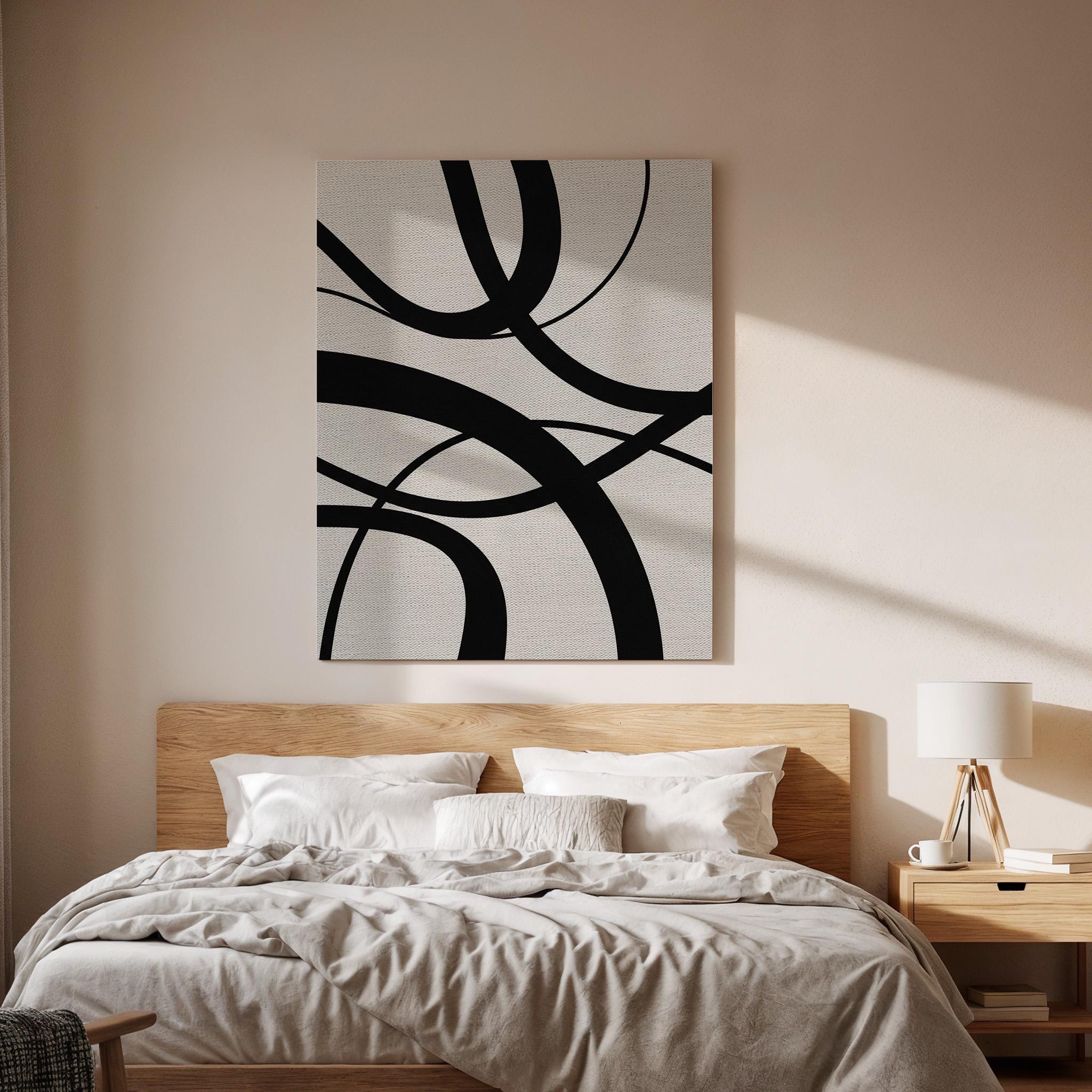 Black Curved Canvas Art, Flowing Line Wall Decor, Modern Abstract Bedroom Style, Minimal Graphic Interior Design, Framed Canvas, Canvas Art