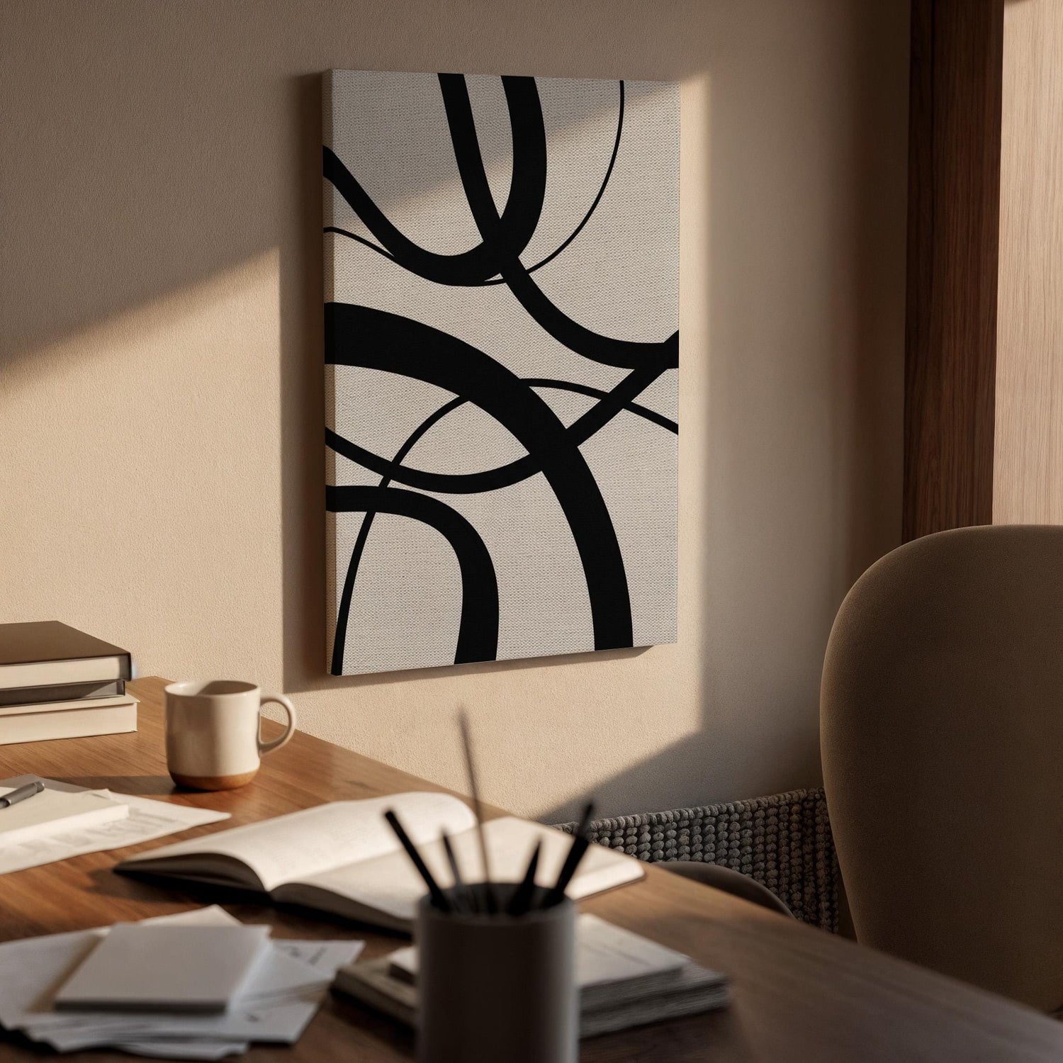 Black Curved Canvas Art, Flowing Line Wall Decor, Modern Abstract Bedroom Style, Minimal Graphic Interior Design, Framed Canvas, Canvas Art