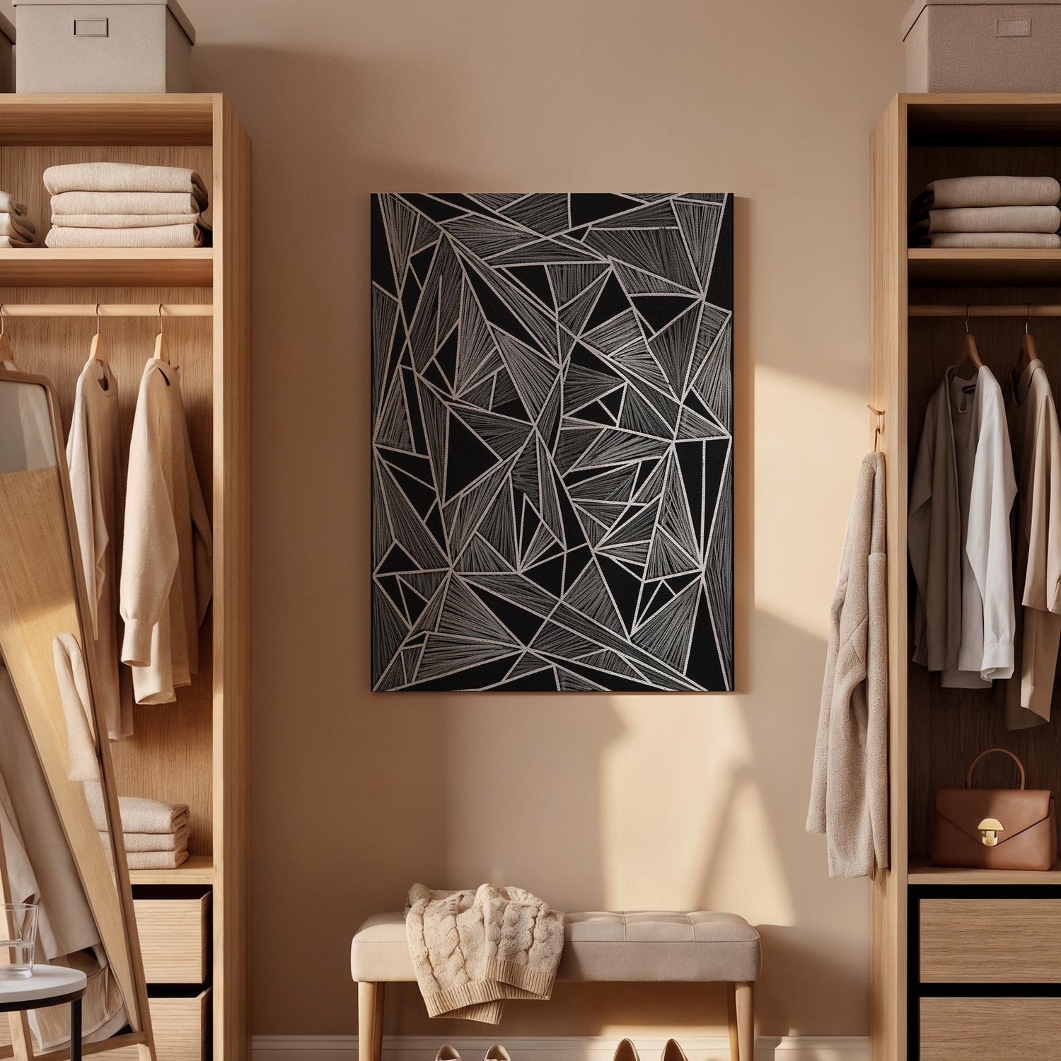 Geometric Black Canvas Art, Angular Line Wall Decor, Modern Abstract Bedroom Design, Graphic Contemporary Interior Style, Framed Canvas