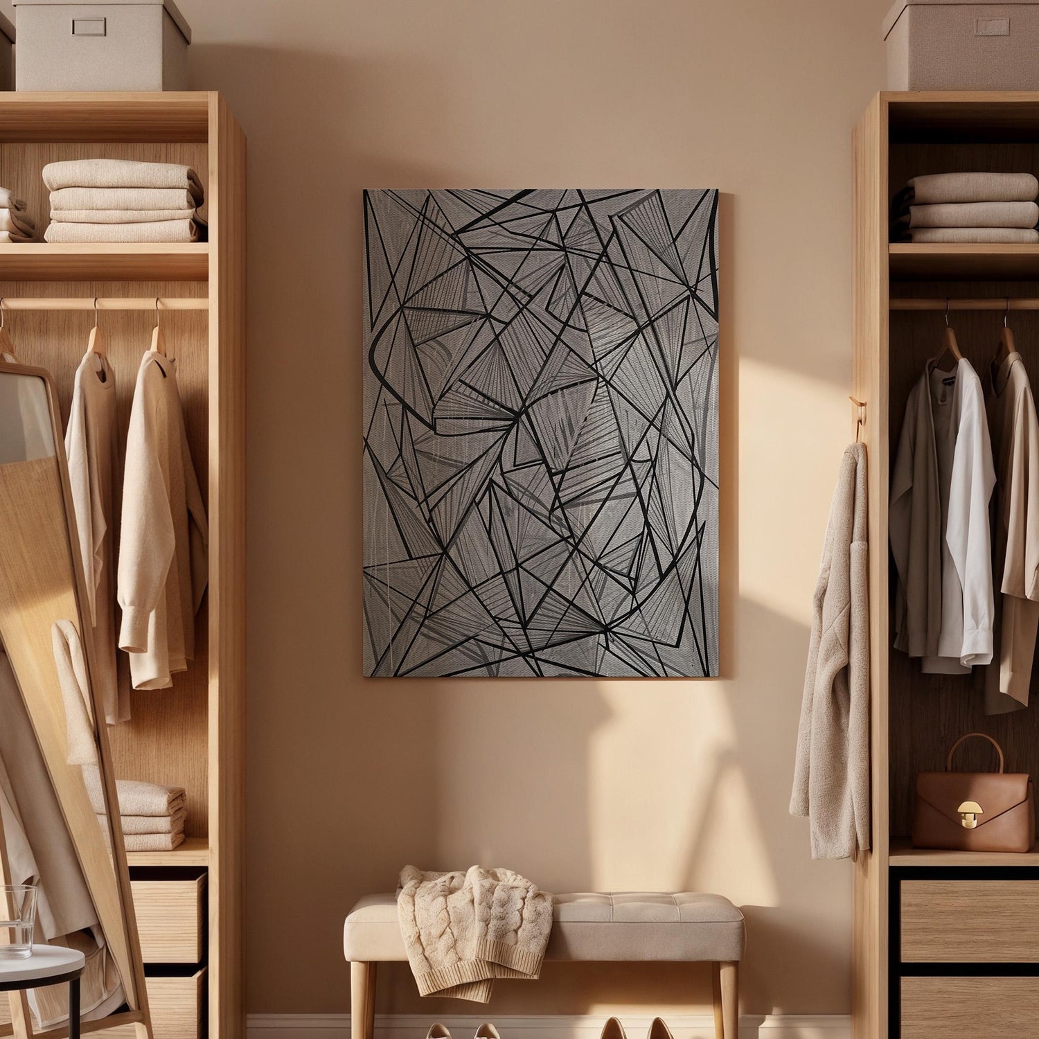Geometric Line Canvas Art, Abstract Linear Wall Decor, Modern Monochrome Bedroom Design, Graphic Contemporary Interior Style, Framed Canvas