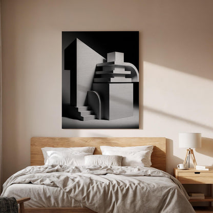 Abstract Architectural Canvas Art, Geometric 3D Wall Decor, Modern Monochrome Interior Design, Sculptural Contemporary Style, Framed Canvas
