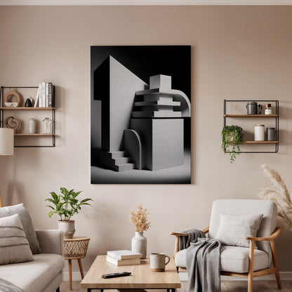 Abstract Architectural Canvas Art, Geometric 3D Wall Decor, Modern Monochrome Interior Design, Sculptural Contemporary Style, Framed Canvas